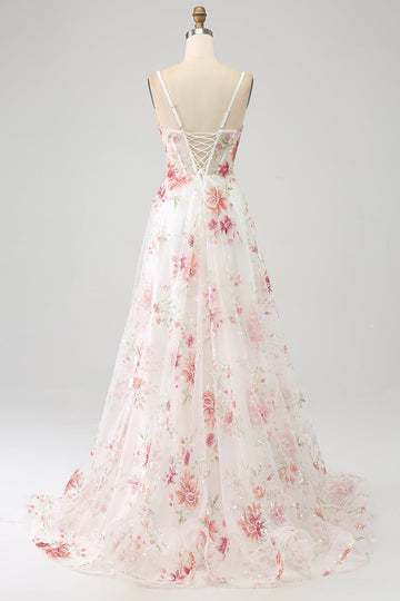 Vestido de fiesta largo corsé bordado con flor de marfil con abertura